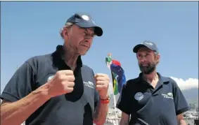  ?? ALEXANDER JOE/ AFP/GETTY IMAGES ?? Explorers Sir Ranulph Fiennes, left, and Anton Bowring in Cape Town, South Africa, on Monday. Fiennes is leading a team of explorers hoping to cross Antarctica in winter.