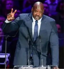  ?? Marcio Jose Sanchez/Associated Press ?? Shaquille O’Neal speaks during a celebratio­n of life for Kobe Bryant and his daughter Gianna Monday in Los Angeles. O’Neal punctuated his speech about his former running mate, saying “Kobe, you’re heaven’s MVP. I love you, my man.”