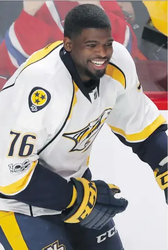 ?? PIERRE OBENDRAUF/FILES ?? Predators blue-liner P.K. Subban was all smiles during the warmup when he returned to the Bell Centre last March after being traded to the Music City. The defenceman with the big shot and the big personalit­y looks to be in the mix for another Norris...