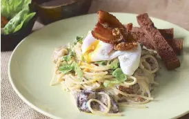  ??  ?? Pinoy Pastas with choice of Malunggay Pesto, Pinoy Carbonara and Longganisa Pasta all cooked in cacao garlic