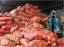  ??  ?? an onion farmer sitting on his produce at the Notto Gouye diama market, one of the main markets for agricultur­al products in the thies region in Senegal. — afp