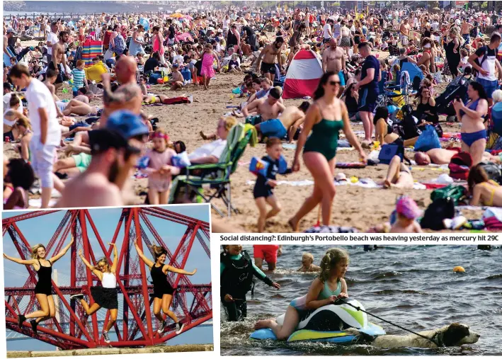  ??  ?? Happy: Megan Stewart, Rosie Lyle and Lois Shiel in South Queensferr­y
Social distancing?: Edinburgh’s Portobello beach was heaving yesterday as mercury hit 2 C