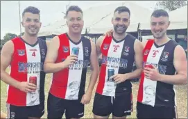  ??  ?? Noel McAuliffe, Castlelyon­s on the right with friends Jeff Daly, Eoin Cody and Padraig Clancy all Fermoy, of the fooball sevens in Melbourne with their adopted club, Garryowen.