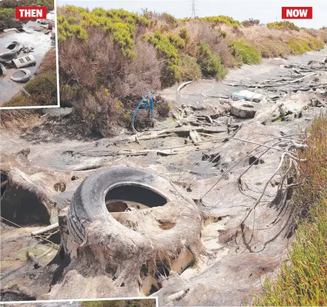  ?? Pictures: PETER RISTEVSKI, GLENN FERGUSON ?? EYESORE: Dumped rubbish on a dried-up waterway at Point Henry (above and left); and (top left) waste at the site when the water was flowing.