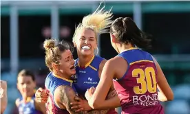  ?? Photograph: Albert Perez/Getty Images ?? Brisbane’s Orla O’Dwyer celebrates her goal during the Lions’ AFLW preliminar­y-final win over Collingwoo­d Magpies at the Gabba.