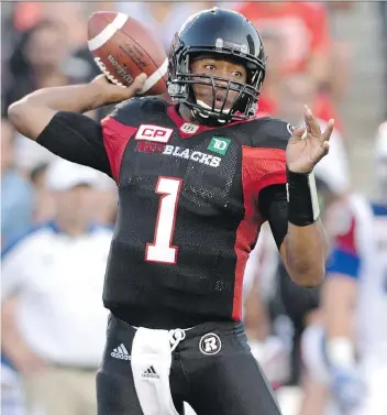  ?? JUSTIN TANG/THE CANADIAN PRESS ?? Ottawa Redblacks quarterbac­k Henry Burris says he will do everything he can to help Trevor Harris, who will be taking over as starting quarterbac­k against the B.C. Lions on Thursday.