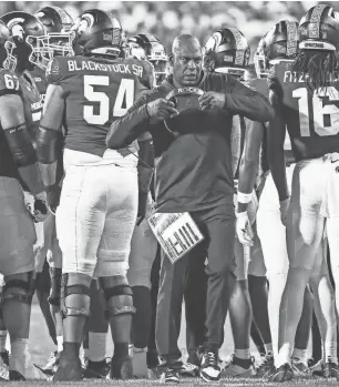  ?? JUNFU HAN/DETROIT FREE PRESS ?? Michigan State coach Mel Tucker walks off the field after talking to players during the second half against Central Michigan at Spartan Stadium.