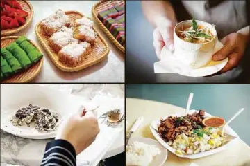  ??  ?? CloCkwise from above: Risotto with lots of shaved black truffles; assortment of Nyonya kuih; Singapore curry laksa served in a coconut shell; fried carrot cake.