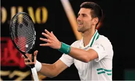  ??  ?? Novak Djokovic celebrates after defeating the qualifier Aslan Karatsev in their Australian Open semi-final. Photograph: William West/AFP/Getty Images