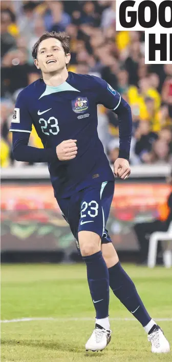  ?? ?? Craig Goodwin celebrates scoring his second goal against Lebanon. Picture: Getty Images