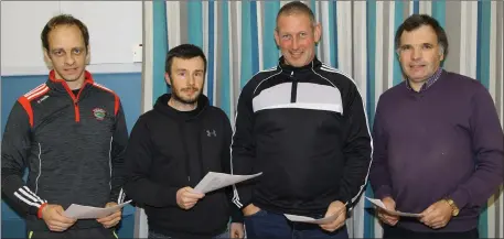  ??  ?? The 2020-2021 officers of the Kerry Handball Board, from left, Jack O’Shea (Glenbeigh), Danny Riordan (Ballymacel­ligott), John Joe Quirke (Glenbeigh) and Christy Moriarty (Glenbeigh). Photo by Con Dennehy