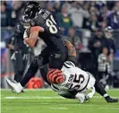  ?? TOMMY GILLIGAN/USA TODAY SPORTS ?? Ravens tight end Mark Andrews is tackled by Bengals linebacker Logan Wilson on Nov. 16 in Baltimore.