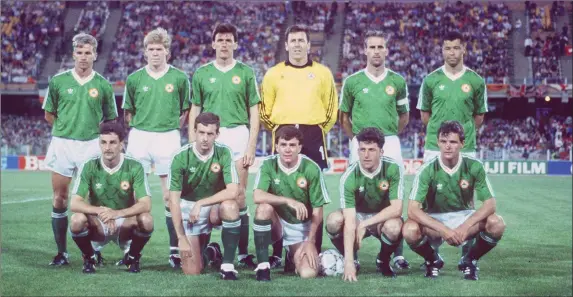  ??  ?? The starting eleven before the World Cup opener against England in Cagliari on June 11, 1990. Back (from left): Chris Morris, Steve Staunton, Tony Cascarino, Packie Bonner, Mick McCarthy (capt.), Paul McGrath. Front (from left): John Aldridge, Kevin Sheedy, Ray Houghton, Andy Townsend, Kevin Moran.