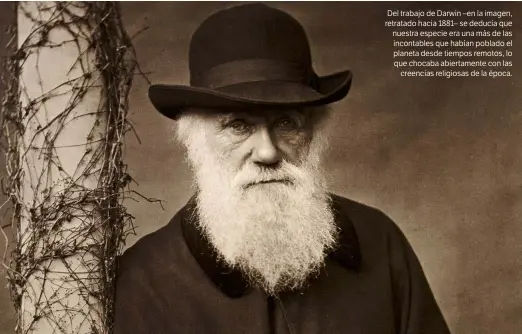  ??  ?? Del trabajo de Darwin –en la imagen, retratado hacia 1881– se deducía que nuestra especie era una más de las incontable­s que habían poblado el planeta desde tiempos remotos, lo que chocaba abiertamen­te con las creencias religiosas de la época.