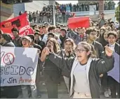  ?? Marcus Yam Los Angeles Times ?? STUDENTS at Miguel Contreras Learning Complex rally for tougher gun control on Wednesday.