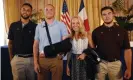  ??  ?? Anthony Sadler, left, Spencer Stone and Alek Skarlatos with the then US ambassador to France, Jane Hartley. The trio stopped the attack by wrestling Khazzani to the ground. Photograph: Thomas Samson/AFP/Getty