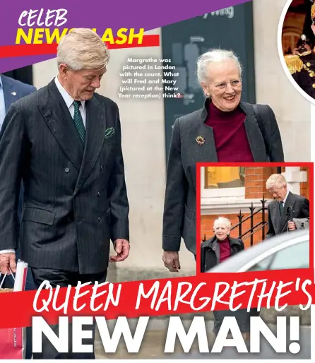  ??  ?? Margrethe was pictured in London with the count. What will Fred and Mary (pictured at the New Year reception) think?