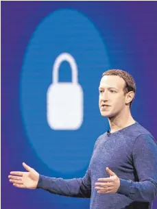  ?? FOTO: DPA ?? Mark Zuckerberg, der Vorstandsc­hef von Facebook, auf der Entwicklun­gskonferen­z F8.