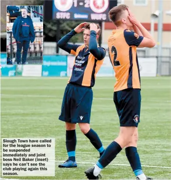  ??  ?? Slough Town have called for the league season to be suspended immediatel­y and joint boss Neil Baker (inset) says he can't see the club playing again this season.