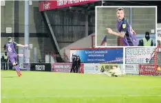  ??  ?? NET GAIN: Antony Kay beat the offside trap to put the Valiants ahead at Morecambe. Inset: An anxious look to the linesman.