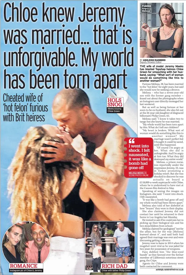  ??  ?? Instagram pic of Chloe & Jeremy Meeks kissing Chloe Green Chloe with father Philip Green FUMING Angry Melissa HOLS SNOG