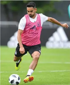  ??  ?? Ilkay Gundogan prepares to kick the ball during a training session in Vatutinki, near Moscow, ahead of the Russia 2018 World Cup football tournament. — AFP photo