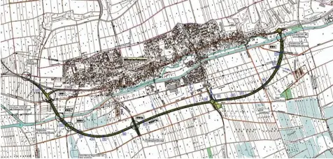  ?? Grafik: Thielemann & Friderich ?? Seit 20 Jahren steht das Projekt einer Umgehungss­traße um Münsterhau­sen im Raum. Zuletzt konnte mit zwei Klägern eine Einigung erzielt werden. Ein dritter Kläger beharrt jedoch eisern auf seine Forderung, die Gemeinde müsse ihm einen mobilen...