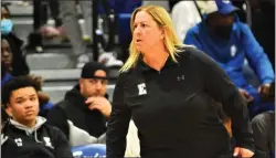  ?? KYLE FRANKO — TRENTONIAN PHOTO ?? Ewing coach Shelly Dearden walks on the sideline against Nottingham during the Central Group III championsh­ip boys basketball game on Monday night at Emil Wandishin Gym.