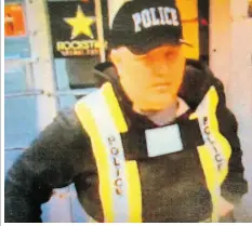  ?? Supplied ?? Curtis John Ulmer wears his fake police uniform on May 15, 2014 in an image taken from a gas station surveillan­ce camera and presented in court earlier this year.