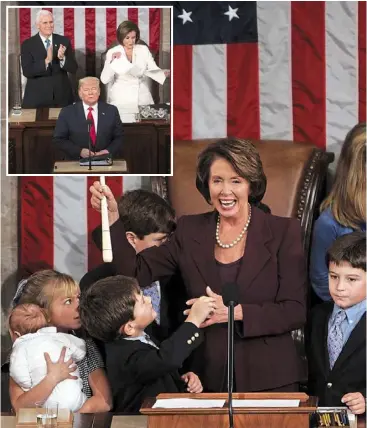  ?? — Photos: TNS ?? First woman: Pelosi, surrounded by children, wielding the gavel for the first time after being elected Speaker of the House on Jan 4, 2007. (Inset) The world-famous image of Pelosi (right, back) tearing up a copy of Trump’s speech seconds after he finished his State of the union address in 2020.