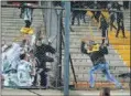  ??  ?? CONFLICTO. Los hinchas del Palmeiras y Peñarol pelean en la grada del estadio.