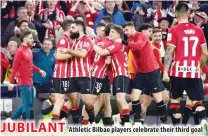  ?? PHOTO BY ANDER GILLENEA/AFP ?? JUBILANT
Athletic Bilbao players celebrate their third goal scored by Spanish forward Inaki Williams during the Spanish Copa del Rey quarterfin­al football match between Athletic Club Bilbao and FC Barcelona at the San Mames stadium in Bilbao on Wednesday, Jan. 24, 2024.