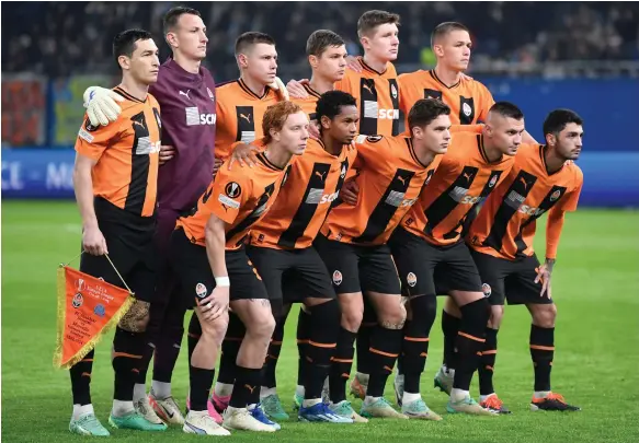  ?? AFP ?? Shakhtar Donetsk before their Europa League match against Marseille that was held in Germany due to the conflict in Ukraine