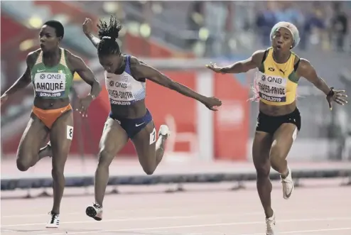  ??  ?? 0 Shelly-ann Fraser-pryce crosses the line in 10.71secs for her fourth world title. Dina Asher-smith ran the 100m final in 10.83secs.