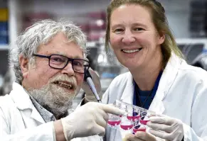  ?? PHOTO: PETER MCINTOSH ?? Alzheimer’s therapy . . . University of Otago researcher­s Emeritus Prof Warren Tate and Dr Katie Peppercorn with a plate of human neurons.