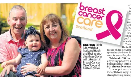  ??  ?? EXCITED Trish, left, with her husband Hugh and their granddaugh­ter Gloria, will take part in Breast Cancer Care Scotland Fashion Show