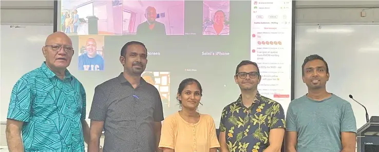  ?? ?? From left: Nephrology Society of Fiji executives Dr Joji Malani, Dr Lalit Kumar, Dr Yogeshni Chandra, Dr Anis Ta’eed and Dr Abhitesh Raj. Dr Amrish Krishnan (top, middle) is on screen in the background during their annual general meeting in Suva on February 24, 2024.