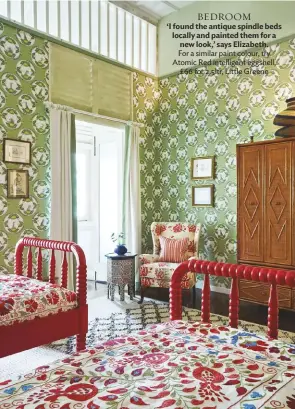  ??  ?? BEDROOM
‘I found the antique spindle beds locally and painted them for a new look,’ says Elizabeth.
For a similar paint colour, try Atomic Red intelligen­t eggshell, £66 for 2.5ltr, Little Greene