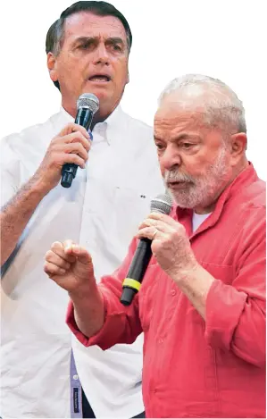  ?? FOTOS (2): DPA, MONTAGE: FERL ?? Jair Bolsonaro (l.) hat deutlich besser bei der Wahl abgeschnit­ten als vorhergesa­gt. Herausford­erer Lula da Silva bleibt aber gelassen.