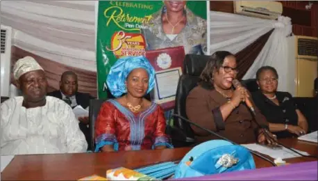  ??  ?? L-R: Hon. Justice Kazeem Alogba, Mrs. Mujidat Folake Alli, Lagos State Chief Judge, Hon. Justice Olufunmila­yo Atilade, Hon. Justice Yetunde Idowu during a ceremony to mark Mrs. Alli's last day in office as the Assistant Chief Accountant of the Lagos...