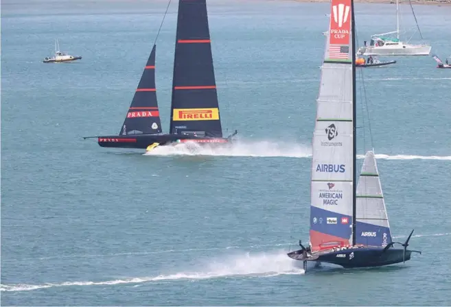  ?? Photo / Brett Phibbs ?? Luna Rossa (left) streaks away from American Magic during the first Prada Cup semifinal on the Waitemata¯ Harbour yesterday.