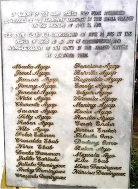  ?? Che Palicte) (Photo by ?? A memorial marker with the etched names of the 38 victims, mostly children and women of the 1989 Rano Massacre in Digos City, Davao del Sur.