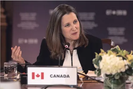  ?? CHRIS YOUNG THE CANADIAN PRESS ?? Canadian Foreign Affairs Minister Chrystia Freeland chairs a meeting of her counterpar­ts from France, United States, United Kingdom, Germany, Japan, Italy and the European Union during a Foreign Ministers’ Working session discussing the Middle East, in...