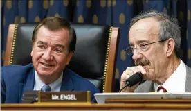  ?? JOSE LUIS MAGANA / AP ?? House Foreign Affairs Committee Chairman Ed Royce (left), R-Calif., speaks with the committee’s ranking member, Rep. Eliot Engel, D-N.Y., during a hearing Wednesday on Iran. President Donald Trump faces a Sunday deadline on the deal.