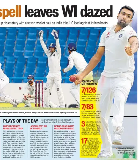  ?? AP PHOTO ?? R Ashwin’s all-round show helped India win by innings and 92 runs.