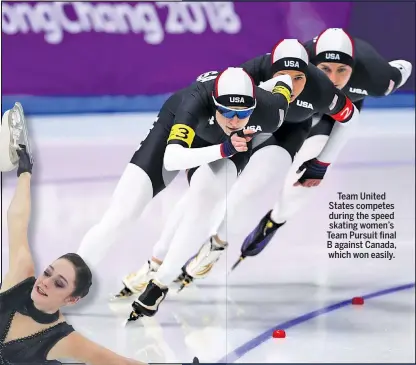  ??  ?? Team United States competes during the speed skating women’s Team Pursuit final B against Canada, which won easily.