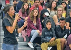  ?? Dan Watson/The Signal ?? Samantha Scagliore, Golden Valley High School Associated Student Body president, left, asks Padilla a question from the audience.