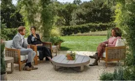  ??  ?? Prince Harry and Meghan, Duchess of Sussex, speaking to Oprah Winfrey on US television. Photograph: Joe Pugliese/Harpo Production­s/PA