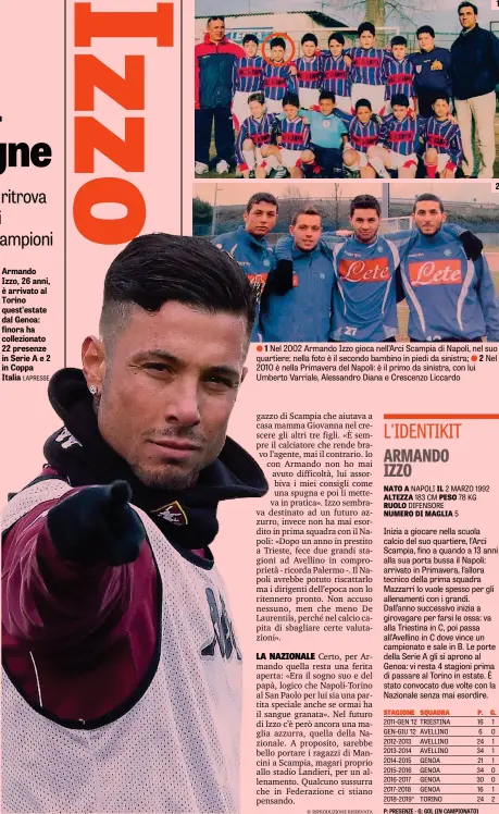  ?? LAPRESSE ?? Armando Izzo, 26 anni, è arrivato al Torino quest’estate dal Genoa: finora ha colleziona­to 22 presenze in Serie A e 2 in Coppa Italia 11 Nel 2002 Armando Izzo gioca nell’Arci Scampia di Napoli, nel suo quartiere: nella foto è il secondo bambino in piedi da sinistra; ● 2 Nel 2010 è nella Primavera del Napoli: è il primo da sinistra, con lui Umberto Varriale, Alessandro Diana e Crescenzo Liccardo