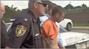  ?? Fox 5 News Atlanta screenshot ?? Polk County police escort Seth Brandon Spangler, 31, into booking after apprehendi­ng Spangler around 2:45 p.m. Friday.